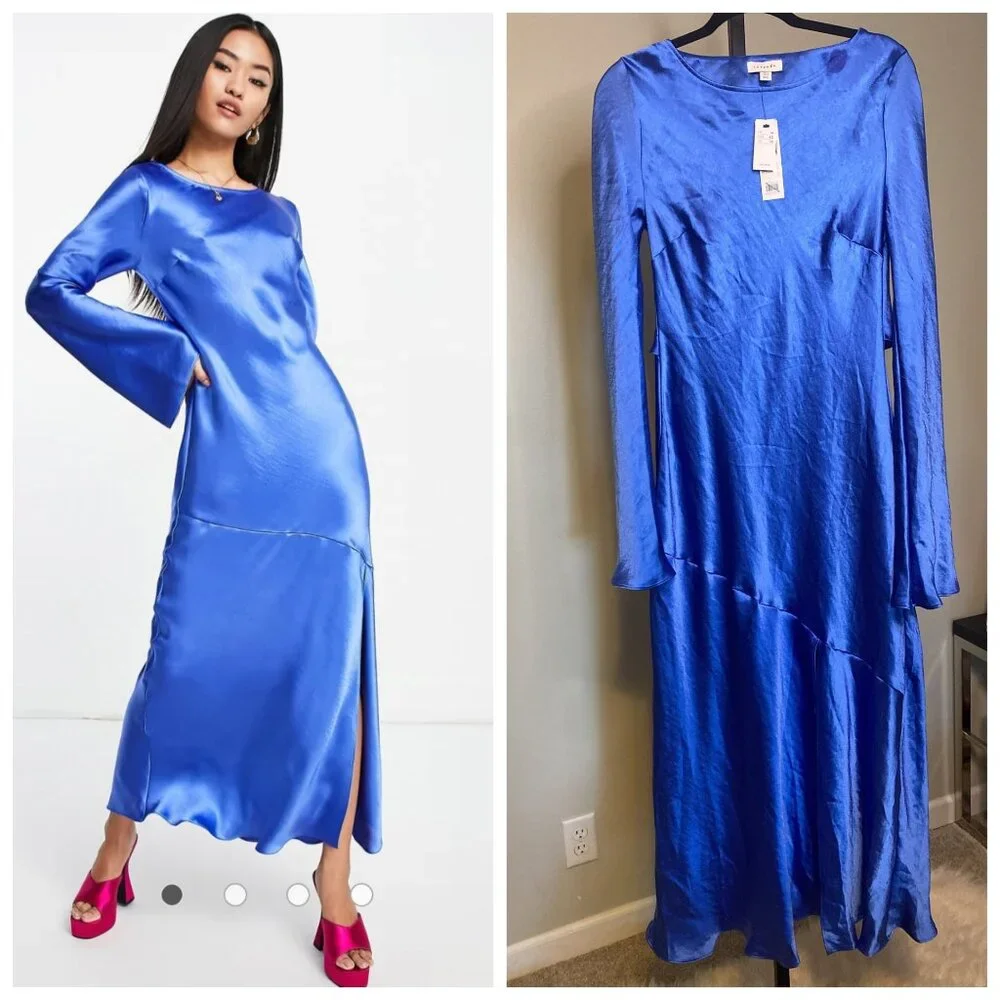 Topshop cobalt satin ruffle back party dress - Picture 1 of 10